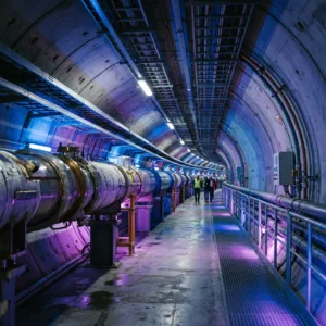 Long cylindrical particle accelerator tunnel with blue and purple lighting and two people walking inside
