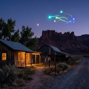 Couple outside rustic cabin pointing at colorful glowing lights in night sky