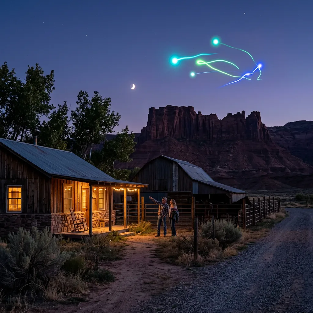 Couple outside rustic cabin pointing at colorful glowing lights in night sky