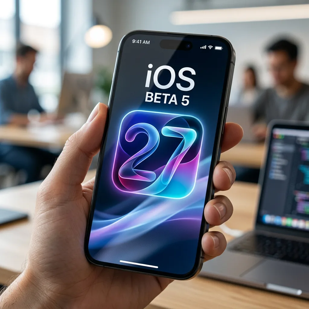 Smartphone screen showing iOS 27 Beta 5 with glowing number 27 graphic